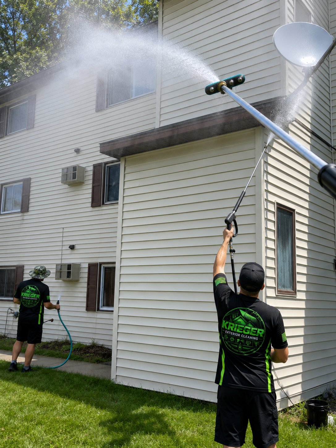 Krieger employees in uniform washing the exterior siding of a house