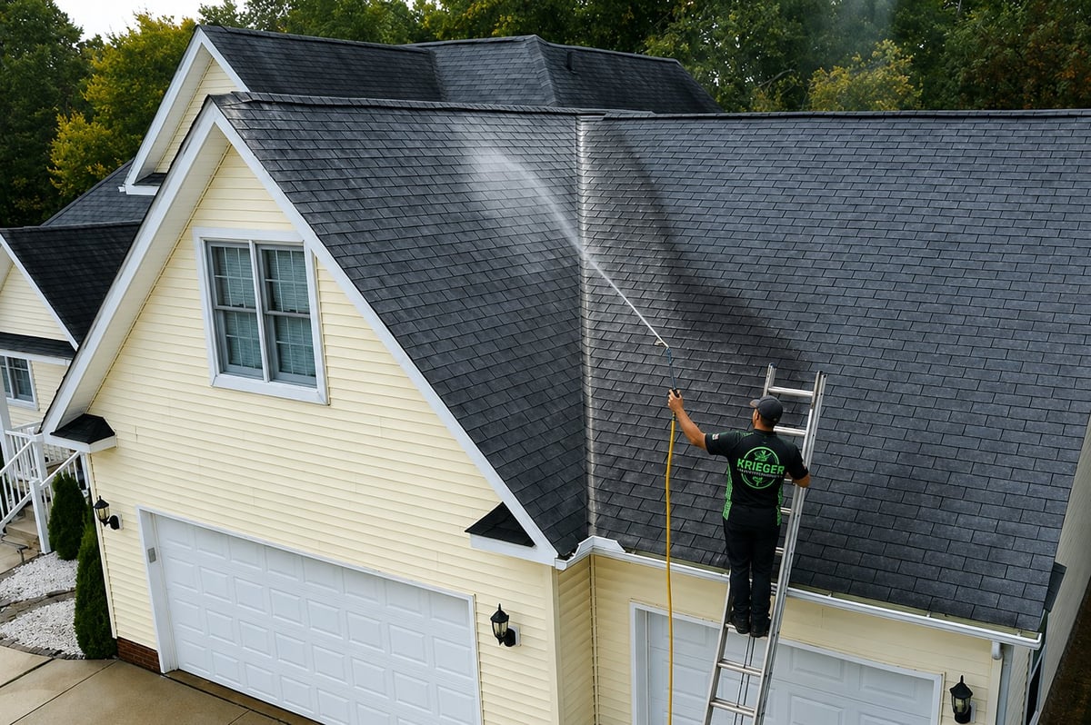 Krieger technician soft washing a roof with the logo on his uniform