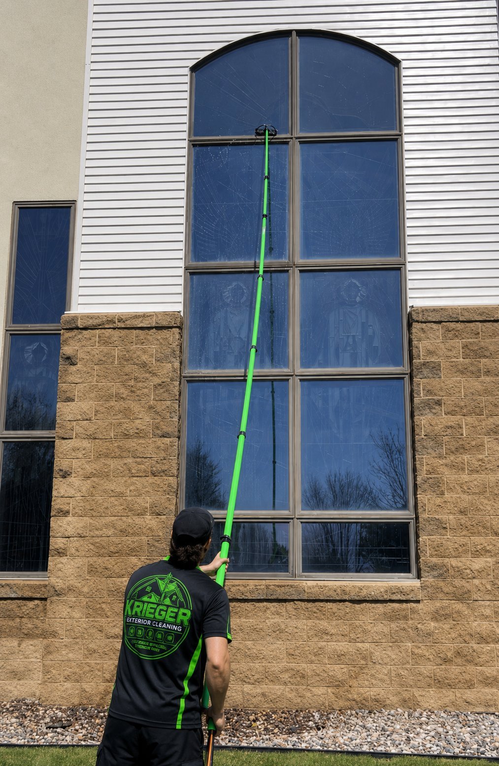 Krieger technician cleaning a high window with a green water-fed pole