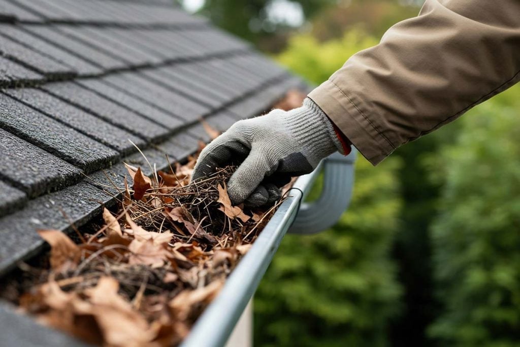 Gloved hand removing leaves and debris from a gutter